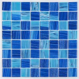 Ubin mosaik kolam renang kaca campuran warna mengkilat gelombang biru laut mencair panas persegi Diskon