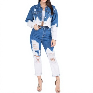 Conjunto de Dos Piezas de Mezclilla Sólida Transpirable para Adolescentes y Mujeres, Estilo Urbano, con Top y Jeans, Venta al Por Mayor Double Shade - Product Image 1