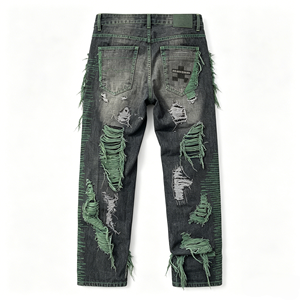<span class=keywords><strong>Jeans</strong></span> da Uomo SJH Personalizzati Stile Streetwear Scuro con Design Estremamente Strappato e Cuciture Verdi, Pantaloni in Denim Nero Lavato e Vestibilità Ampia - Product Image 4