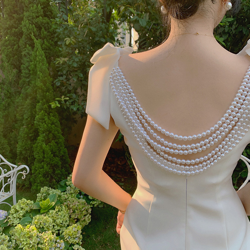 Backless Women's Dress - Pearl Embellished Evening Gown