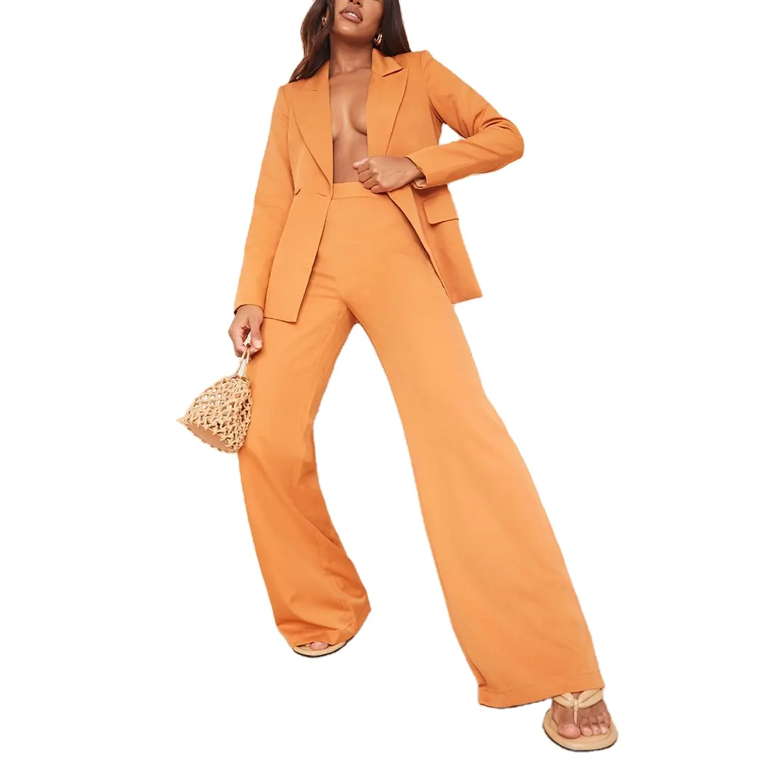New Fashion Woven High Waisted Tailored Women Wide Leg Pants Suit Two Piece Sets for Work