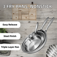 Ensemble de casseroles 8 pouces, 10 pouces, 12 pouces, acier inoxydable 304 tri-couches, antiadhésif, durable, résistant à la chaleur, compatible gaz et induction