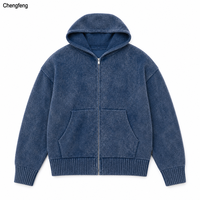 Maßgefertigte Varsity-Strickjacke für Herren Vintage Gewaschener Blauer Strick Reißverschluss-Hoodie Lange Strickjacke OEM Großhandel