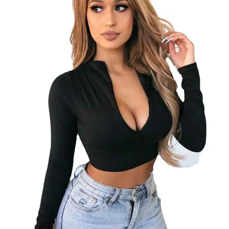 Women Long Sleeve Sexy Crop Tops Tees Summer Autumn T-shirt Top Deep V Solid Neck