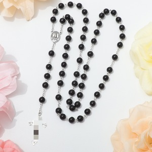 Chapelet religieux en perles de verre noires rondes, collier de prière avec médaille <span class=keywords><strong>Notre</strong></span>-<span class=keywords><strong>Dame</strong></span> de Fatima et crucifix pour la culte - Product Image 3
