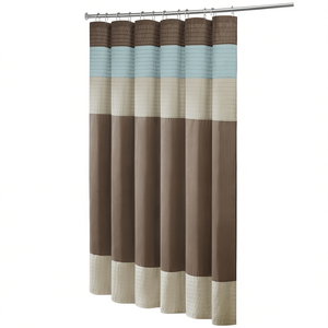 Rideau de douche en fausse soie, design moderne et minimaliste, rayures marron, bleu, beige, accessoire de salle de bain - Product Image 1