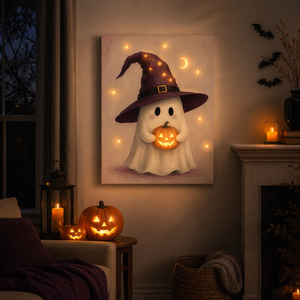 Chapeau de Sorcier Violet Imprimé en 3D <span class=keywords><strong>TOPART</strong></span> de Luxe Premium, Petit Fantôme Tenant une Citrouille, LED Carrée à Piles pour Halloween - Product Image 1