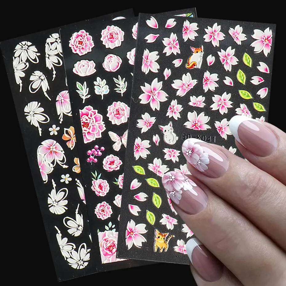 Yaz tırnak 1 sac kabartmalı çiçek dantel 5D Sticker çıkartması düğün tırnak sanat tasarımları çiçek kelebek japon manikür dekorasyon