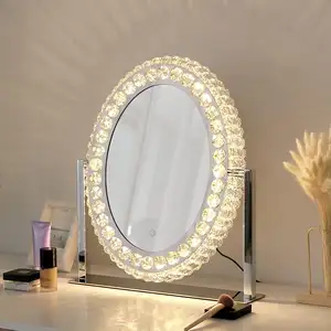 Factory Wholesale Diamond Luxury Hollywood Style Crystal Crushed LED Light Illuminated Round Makeup Vanity Mirror