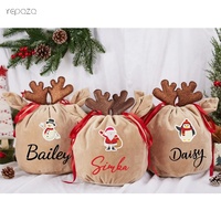 Sac de Noël en velours doux avec cordon de serrage, logo personnalisé brodé, de luxe, réutilisable, avec des bois de cerf, pour enfants et cadeaux