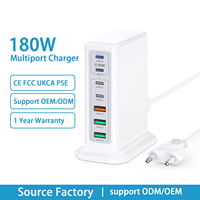 HNT ODM/OEM Chargeur rapide 180W PD+QC 7 ports, adaptateur universel pour téléphones et ordinateurs portables avec prise US EU UK AU JP