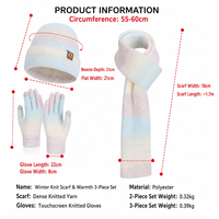 Ensemble bonnet, écharpe et gants tricotés d'hiver, 3 pièces, polyester côtelé, dégradé de couleurs, cache-cou chaud, accessoires de ski, logo personnalisé