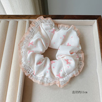 Scrunchie Besar Motif Kartun dengan Renda Modis untuk Anak Perempuan, Ikat Rambut Elastis Tinggi dengan Cetakan Bunga, Pilihan Logo Kustom