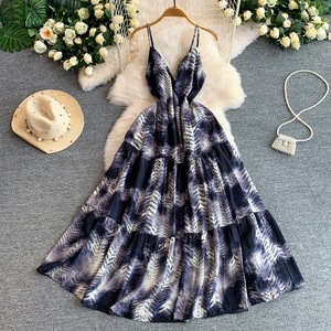 <span class=keywords><strong>Vestido</strong></span> Maxi Romántico Casual de Verano con Estampado Floral, Cuello en V, Tirantes Finos, Espalda Descubierta, Cintura Ajustada y Volantes - Product Image 2
