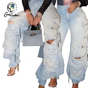 Celana panjang kargo wanita, celana kargo wanita pinggang tinggi lurus longgar Jean estetika multi-saku