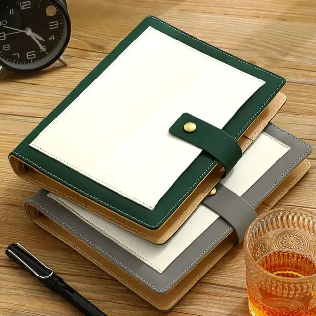 Premium Faux Leather Ring Binder Custom logo Magnetic Button Card Slots Pen Loop Loose Leaf Notebook Journal Planner Cover Gifts