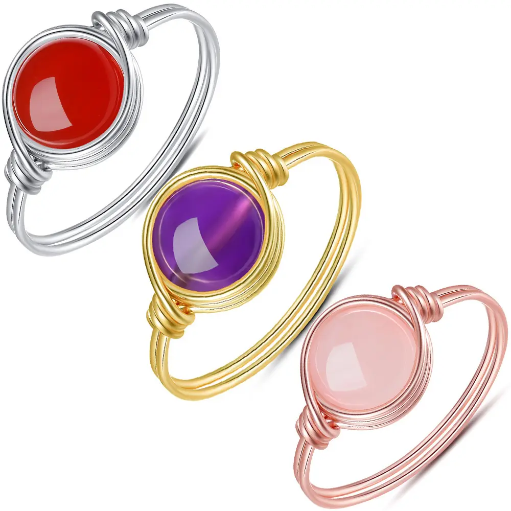 Hot Sale Trending Healing Gemstone Rings Reiki Rose Quartz Amethyst Hand Wire Wrapped Crystal Rings Jewelry for Women Lady