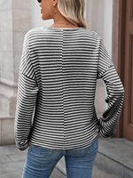 Haut à manches longues en tricot gaufré rayé blanc et kaki pour femme, col fendu, coupe ample décontractée, pull personnalisable avec logo