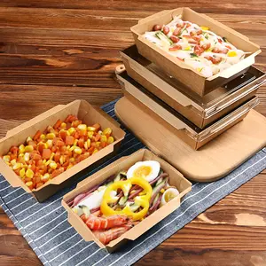食品グレードクラフト紙長方形使い捨て食品紙容器ペット蓋付きサラダ生分解性クラフト紙箱食品用