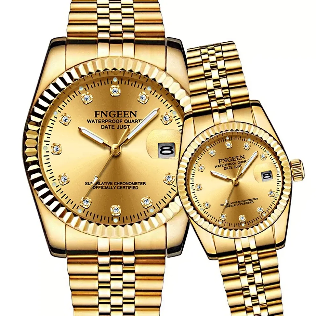Relógio de aço inoxidável pulseira de cristal dourado excel, relógio japonês, quartzo, atm, relógio de casal de ouro