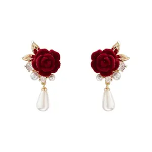 Factory Wholesale Fashionable Red Rose Earrings Women's Retro Silver Needle Exquisite Earrings