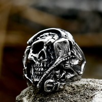 Bague Crâne Guerrier en Acier Inoxydable pour Homme, Style Vintage Hip Hop Rétro Audacieux, Plaqué Or 14K, Bijou Cadeau, Vente en Gros, Marque Personnalisée TSR113