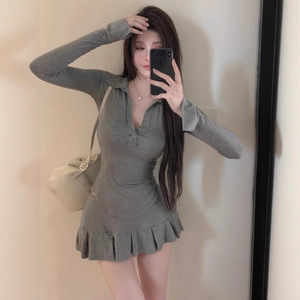 Women's Gray Long Sleeve Deep V Neck Top High Waisted Pleated Skirt Set Casual Knitted Two Piece Outfit - Product Image 3