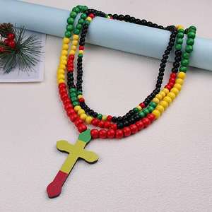 विंटेज नई लकड़ी के हेक्सागोन बीड जामानिकन हार मेलोन बकल सरल हरे लाल पीले रंग का क्रॉस 14k सोना प्लेटेड हिप हॉप एक्सेसरीज़ - Product Image 3