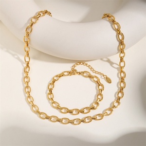 Vente en gros de collier et bracelet double en acier inoxydable plaqué or 18 carats, chaîne cubaine personnalisée - Product Image 1