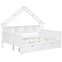 Lit enfant en forme de maison en bois avec barrières de sécurité, tiroirs de rangement, étagère à livres et éclairage LED pour chambre de garçons et filles, lit de sieste pour tout-petits, mobilier de maison