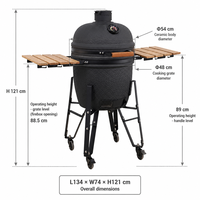 Barbecue Kamado SEB 21 pouces en céramique noire, fumoir au charbon de bois, chariot extérieur pliable avec étagères latérales, roues et poignée