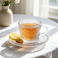 Ensemble Tasse et Soucoupe en Verre Gaufré, Vente en Gros Usine, Mug à Café Vintage en Verre Transparent avec Soucoupe pour Latte, Americano, Thé, Jus, Lait