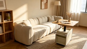 Minimalist Fabric <b>Sofa</b> Bed Three Seat Padded Arms Cushion Back Upholstered Wood <b>Legs</b> Living Room Couch - Product Image 4