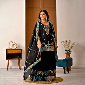 Ensemble Anarkali en soie brodée noire avec pantalon palazzo, tenue de mariage traditionnelle pour femmes, longueur au sol, style indien pakistanais - Product Image 1