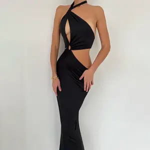 Summer Hot Selling Neues Kleid Sexy Fashion Splice Hanging Neck Strap Cutout Ärmelloses Open Back Schwarzes Langes Kleid