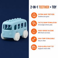 Jouet de dentition et de poussée pour bébé en silicone personnalisé, en forme de bus, sans BPA, sensoriel, avec picots tactiles en silicone, voiture de poussée souple pour soulagement des bébés 3M+