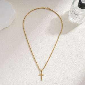 Men's Stainless Steel Golden Plated <b>Cross</b> Pendant, Fashionable Simple Rope <b>Chain</b> Necklace for Men Gift - Product Image 4
