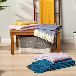 Couverture de lit en tricot doux jaune <span class=keywords><strong>moutarde</strong></span> pour canapé légère <span class=keywords><strong>et</strong></span> texturée Boho pour l'automne pour le salon Couverture d'extérieur - Product Image 6