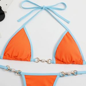 Maillot de bain personnalisé avec bordure côtelée, micro-bikini color block, micro-bikini triangle, vêtements de plage, maillot de bain sexy pour femmes - Product Image 6