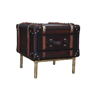 Table de chevet de luxe personnalisée en cuir véritable fait main <span class=keywords><strong>avec</strong></span> tiroir de rangement et pieds en fer, style <span class=keywords><strong>coffre</strong></span> antique, pour chambre à coucher - Product Image 2