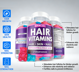 Gummies de vitamines capillaires à marque privée avec <span class=keywords><strong>biotine</strong></span> et acide folique, supplément végétarien pour cheveux, peau et ongles pour femmes et hommes |   OEM ODM - Product Image 6