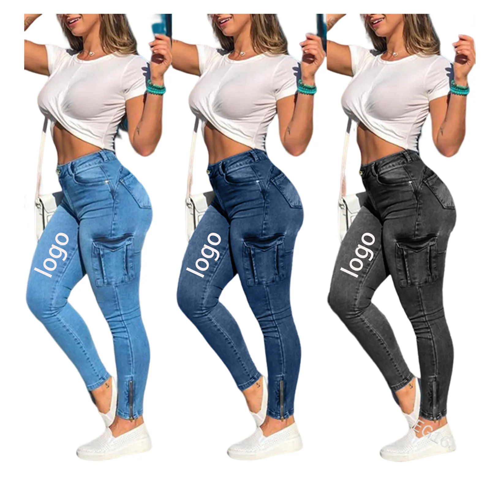 Kunden spezifische Jeans mit hoher Taille und Reiß verschluss, eng anliegende Damen jeans aus reiner Baumwolle
