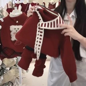 Girls Winter New Year Outfit Burgundy Knit Two Piece Set With Leggings Thickening Korean Style - Product Image 2
