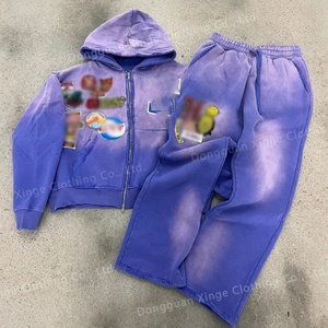 Conjunto de Sudadera con Capucha y Pantalones Deportivos para Hombre, con Parches Bordados Vintage Personalizados, Lavado Ácido, de Tela Gruesa, de Fabricantes de Ropa - Product Image 4