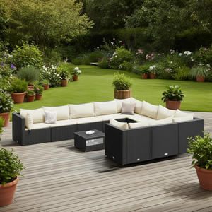 Set Divano da Esterno in Rattan Nero con Cuscini Crema, 6 Posti, Arredamento da Giardino Contemporaneo Resistente alle Intemperie - Product Image 2