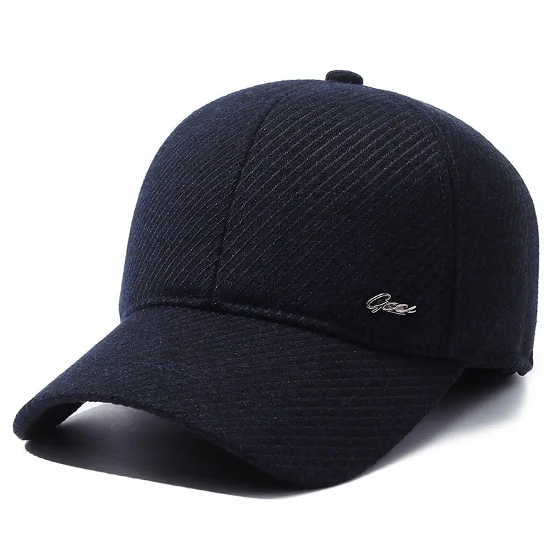 Sombreros de camionero deportivos negros de invierno de lana lisa, protección para los oídos, gorra de béisbol de invierno para hombres, gorra de ala doblada, gorras