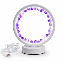 Lampe de nuit ronde en cristal d'améthyste naturelle, lumière blanche froide USB avec base blanche