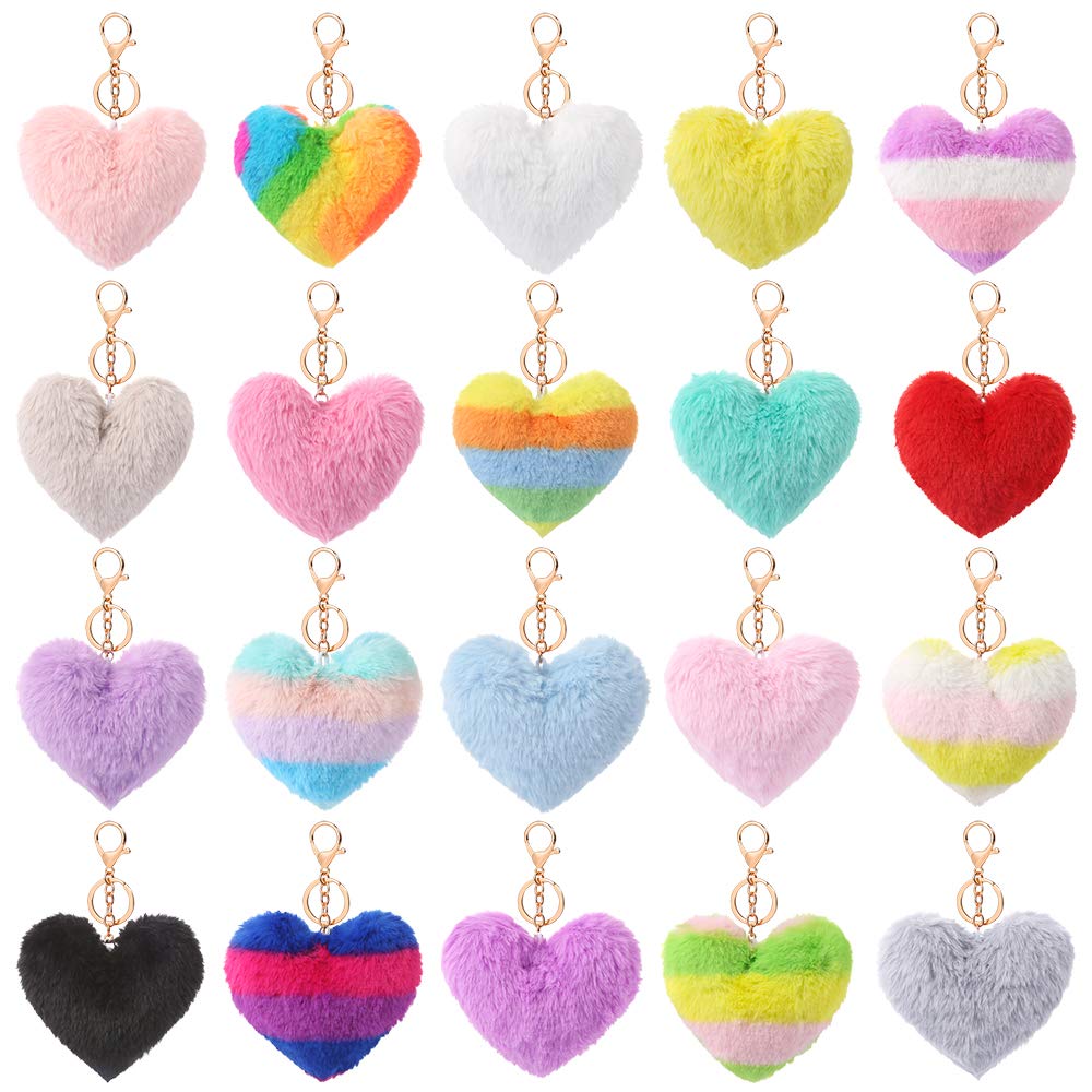 20 Pieces Fur Pompoms Fluffy Heart Shape Pompoms Keyring Faux Rabbit Pom Poms Keychains