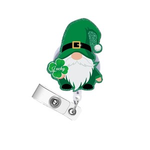 Cute Acrylic Dwarf Green Lucky Clover Nurse ID Card Holder with Retractable Alligator <b>Clip</b> Scroll - Product Image 5