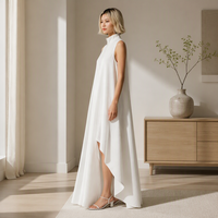 Robe longue en lin sans manches à col montant pour femme, avec demi-fermeture éclair sur le devant, ourlet irrégulier à fente haute, coupe droite, décontractée, écologique, été